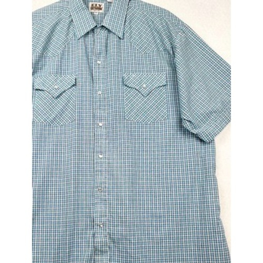 Ely‎ Cattleman Western Shirt Mens XL Blue Plaid Pearl Snap Short Sleeve